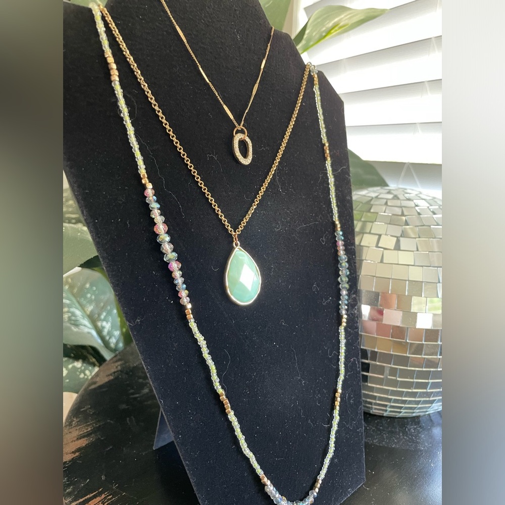 3 Layered Statement Necklace | Rhinestone Teal Gold